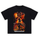 Terminator Apocalypse T-Shirt featuring Dark Fate cast with fiery destruction and cyborgs in vivid red and black tones