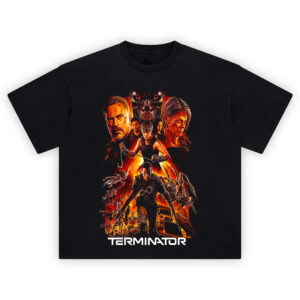 Terminator Apocalypse T-Shirt featuring Dark Fate cast with fiery destruction and cyborgs in vivid red and black tones