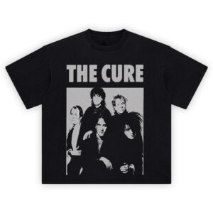 The Cure Tee featuring high-contrast black and white portrait of the band with bold "THE CURE" text
