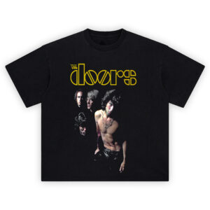 The Doors Band T-Shirt with yellow logo and vintage image of shirtless Jim Morrison and bandmates