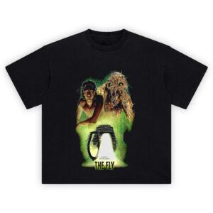 The Fly Tee with Brundlefly mutation and teleportation pod in neon green horror theme
