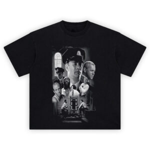 The Green Mile Tee featuring black and white movie collage with main cast and prison chair illustration
