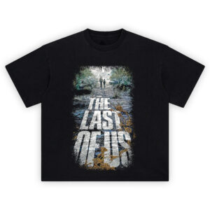 The Last of Us Tee featuring Joel and Ellie walking a broken road with infected cordyceps text effect