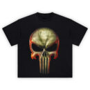 The Punisher Skull Graphic Tee with distressed flaming skull emblem on black background