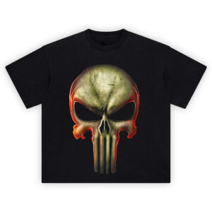 The Punisher Skull Graphic Tee with distressed flaming skull emblem on black background