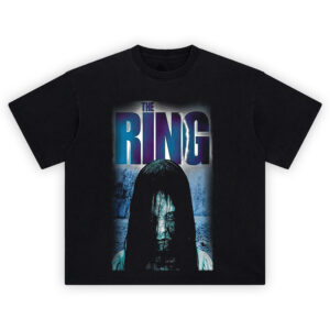 The Ring Horror T-Shirt with Samara crawling forward and glitchy VHS-style logo above