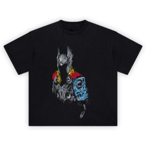 God of Thunder Thor TShirt with glowing Mjolnir, red cape, and lightning-charged armor
