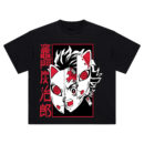 Tanjiro Masked Legacy Tee with split-face graphic and Sakonji fox mask in bold red, white, and black color palette