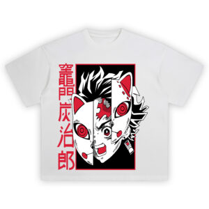 Tanjiro Masked Legacy Tee with split-face graphic and Sakonji fox mask in bold red, white, and black color palette