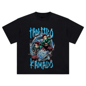 Tanjiro Kamado Tee with Water Breathing attack, dual poses, and aqua slash anime detailing
