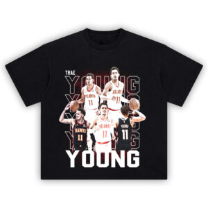 Trae Young T-Shirt featuring a bold collage of iconic Atlanta Hawks moments in a crisp DTG graphic print