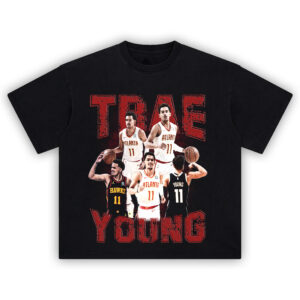 Trae Young Ice Cold Shirt with collage of Atlanta Hawks highlights in bold graphic print