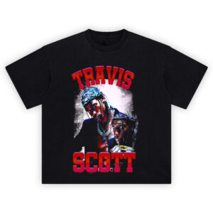 Travis Scott graphic T-shirt featuring bold collage of La Flame in high-energy poses