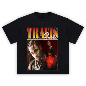 Travis Scott T-shirt featuring three-image collage in red-toned vintage rapper style
