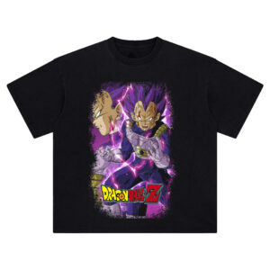 Prince of All Saiyans Tee featuring Ultra Ego Vegeta transformation, manga halftone, violet lightning
