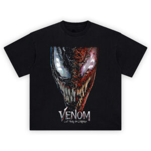 Venom Let There Be Carnage T-shirt featuring intense split-face artwork of Venom and Carnage with high-contrast comic styling