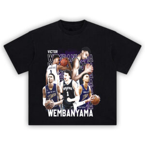 Victor Wembanyama T-Shirt featuring collage of Spurs and Mets92 moments in bold DTG graphic print