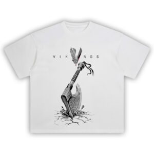 Vikings TV Series Shirt design with Ragnar Lothbrok silhouette and Nordic rune background in dark red tones