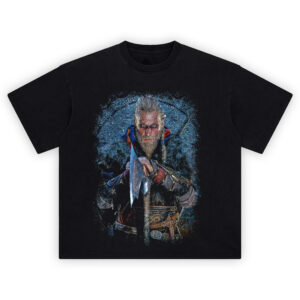 Assassins Creed Valhalla Tee featuring Eivor in Viking armor with axe and Nordic battle design