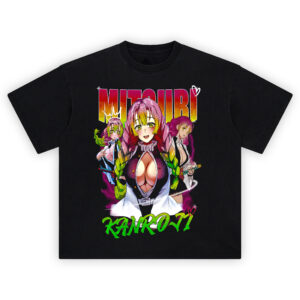 Mitsuri Voltage Heartbreaker tee with bold manga collage, neon lettering, and Mitsuri Kanroji expressions in high contrast
