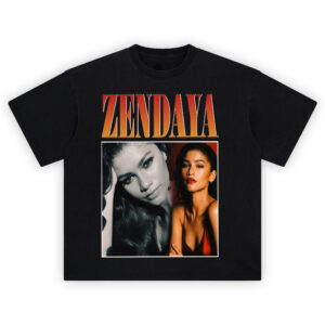 Zendaya graphic tee with bold retro lettering, monochrome and color portraits in cinematic composition
