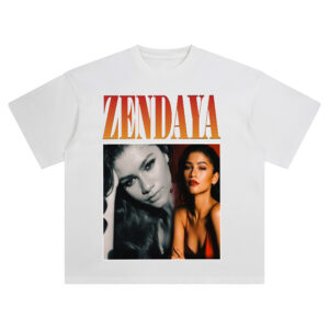 Zendaya graphic tee with bold retro lettering, monochrome and color portraits in cinematic composition