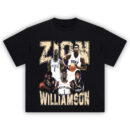 Zion Williamson Power Dunk Shirt with collage of signature plays from Duke and New Orleans Pelicans career