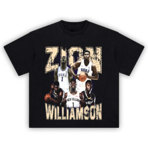 Zion Williamson Power Dunk Shirt with collage of signature plays from Duke and New Orleans Pelicans career