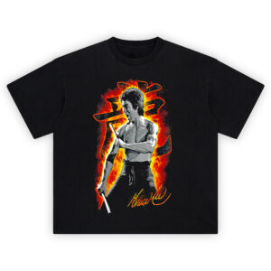 Bruce Lee Inferno Power Tee blazing martial arts graphic with vintage fire and kanji