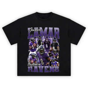 Lamar Jackson Baltimore Ravens T-shirt featuring collage of QB in action, Ravens jerseys, and dynamic football visuals