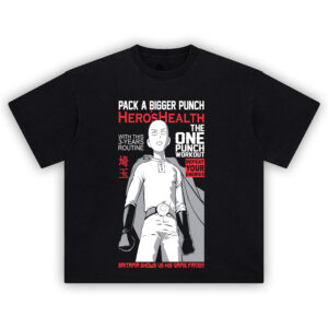 Saitama Hero Workout Tee featuring bold One Punch Man design with his legendary 3-year training routine