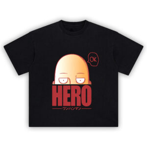 Saitama OK Hero Tee featuring his iconic deadpan face and “OK” speech bubble over bold HERO text