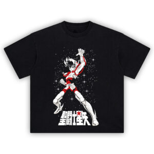 Saint Seiya Pegasus tee featuring Seiya in cosmic armor with star-filled background and Japanese lettering