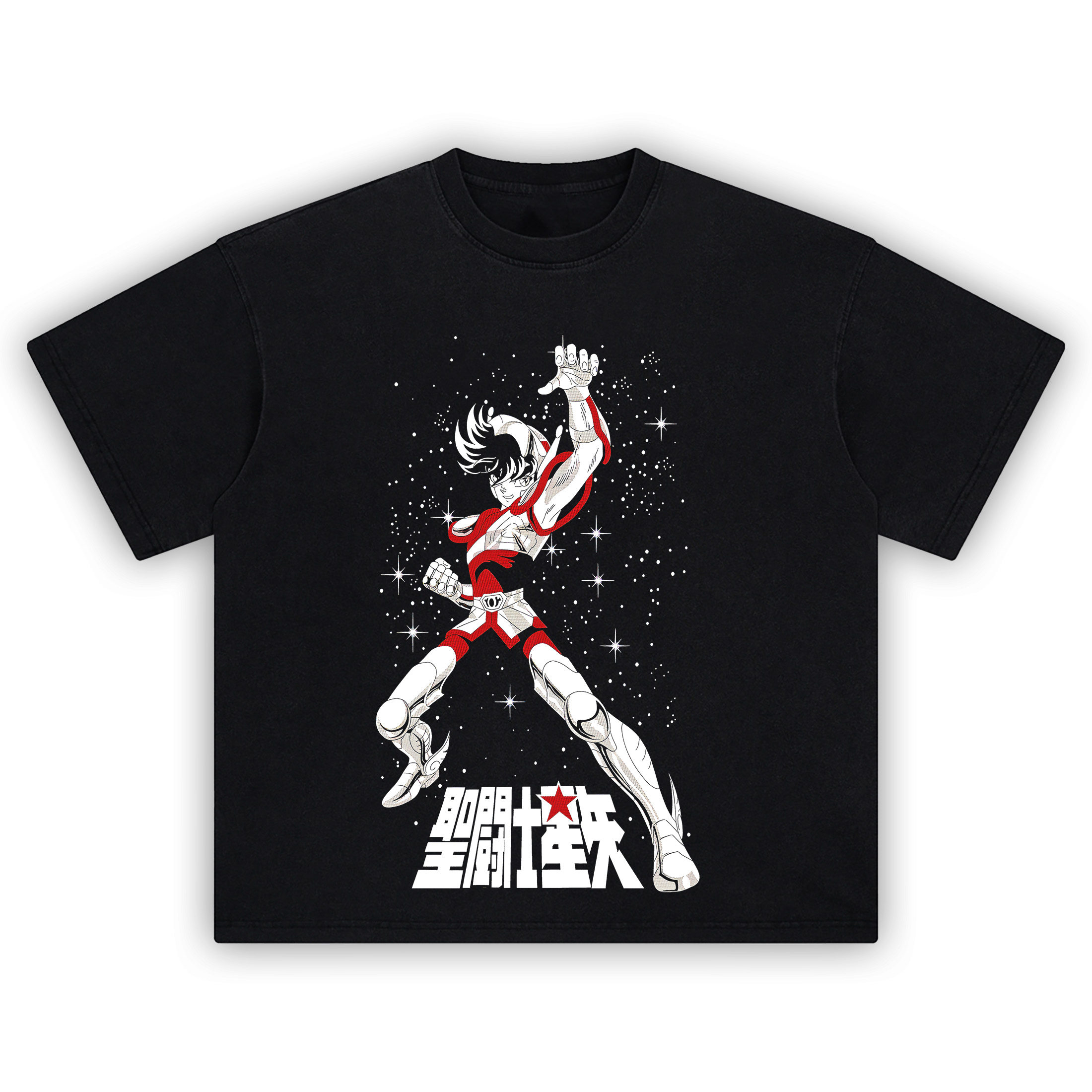 Saint Seiya Pegasus tee featuring Seiya in cosmic armor with star-filled background and Japanese lettering