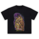 Saint Seiya Gold Saints tee with all 12 zodiac warriors, Athena, and Seiya in radiant golden armor on cosmic backdrop
