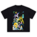 Saint Seiya Bronze Saints tee featuring Seiya, Shiryu, Hyoga, Shun, Ikki, and Athena in front of a cosmic backdrop