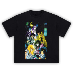 Saint Seiya Bronze Saints tee featuring Seiya, Shiryu, Hyoga, Shun, Ikki, and Athena in front of a cosmic backdrop