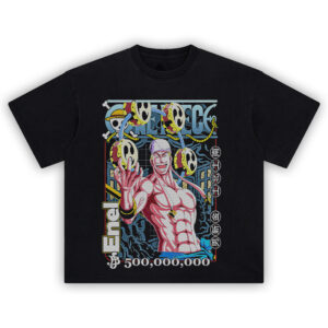 Enel Bounty Tee showing One Piece villain Enel with thunder drums, lightning aura, and 500 million berry bounty