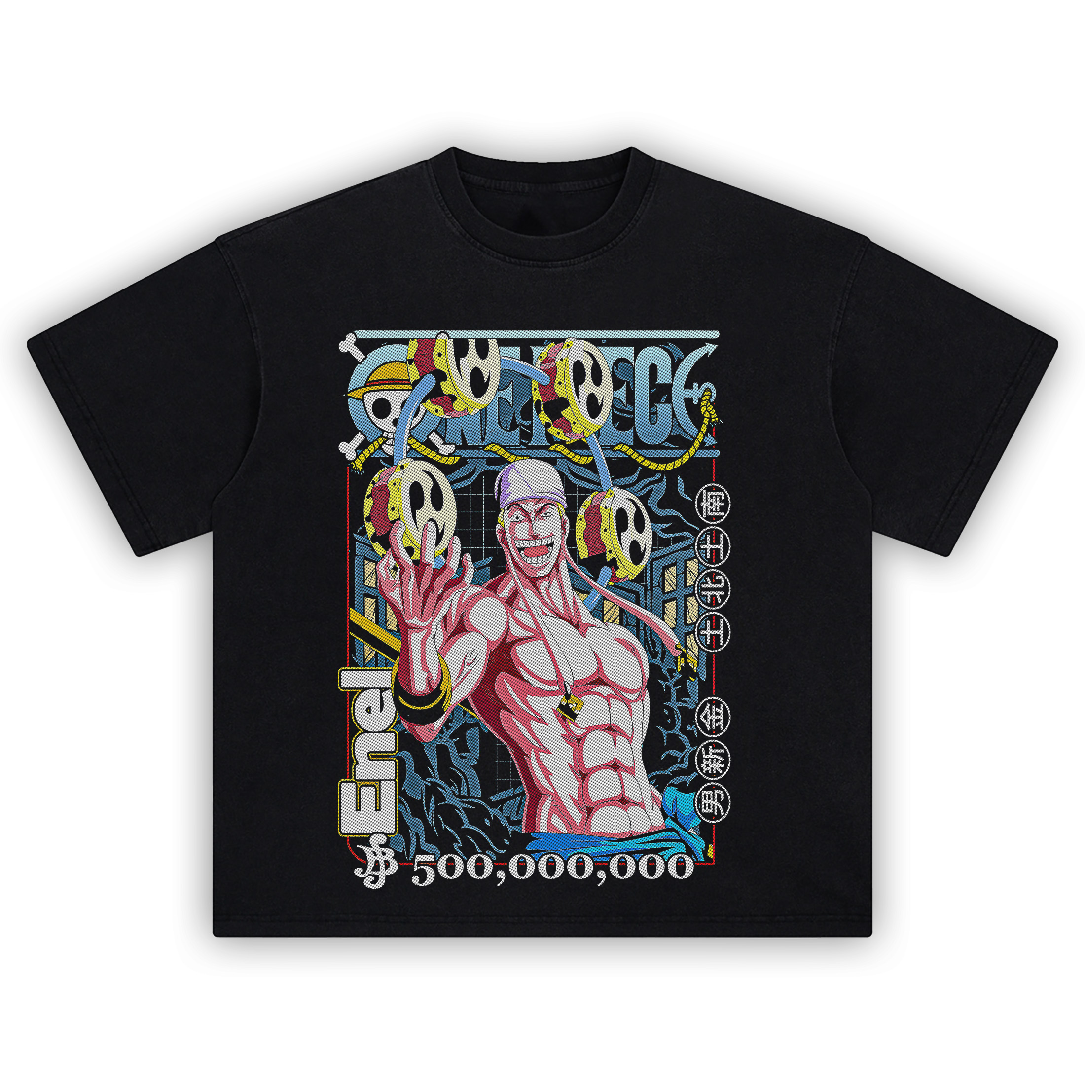 Enel Bounty Tee showing One Piece villain Enel with thunder drums, lightning aura, and 500 million berry bounty