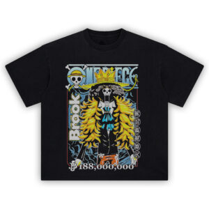 Brook Bounty Tee featuring One Piece’s Soul King in yellow boa and top hat with 188 million berry bounty
