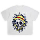One Piece One Destiny Tee featuring Luffy’s straw hat skull over a spiked compass with bold yellow accents