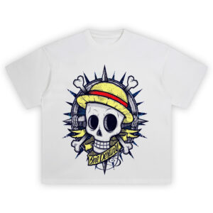 One Piece One Destiny Tee featuring Luffy’s straw hat skull over a spiked compass with bold yellow accents