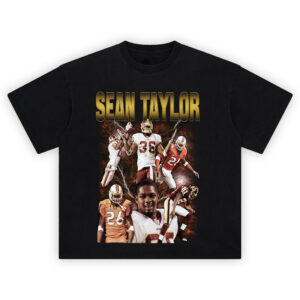 Sean Taylor Legacy Tribute T-shirt featuring collage of NFL and college football highlights in bold burgundy and gold design