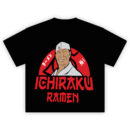 Ichiraku Ramen tee featuring chef Teuchi and red ramen shop logo with Japanese text