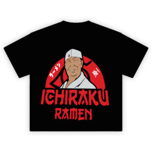 Ichiraku Ramen tee featuring chef Teuchi and red ramen shop logo with Japanese text