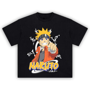Naruto Uzumaki Punch Tee featuring Naruto in battle stance with bright logo and anime-style flair