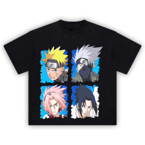 Team 7 Naruto graphic tee with anime portraits of Naruto, Kakashi, Sakura, and Sasuke in stylized manga panels