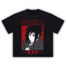 Uchiha Sasuke Tee featuring manga-style Sharingan artwork with bold red and black ninja aesthetic