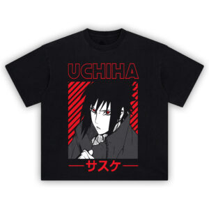 Uchiha Sasuke Tee featuring manga-style Sharingan artwork with bold red and black ninja aesthetic