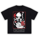 Kakashi Lightning Blade Tee featuring Chidori strike pose with bold red kanji and Sharingan details